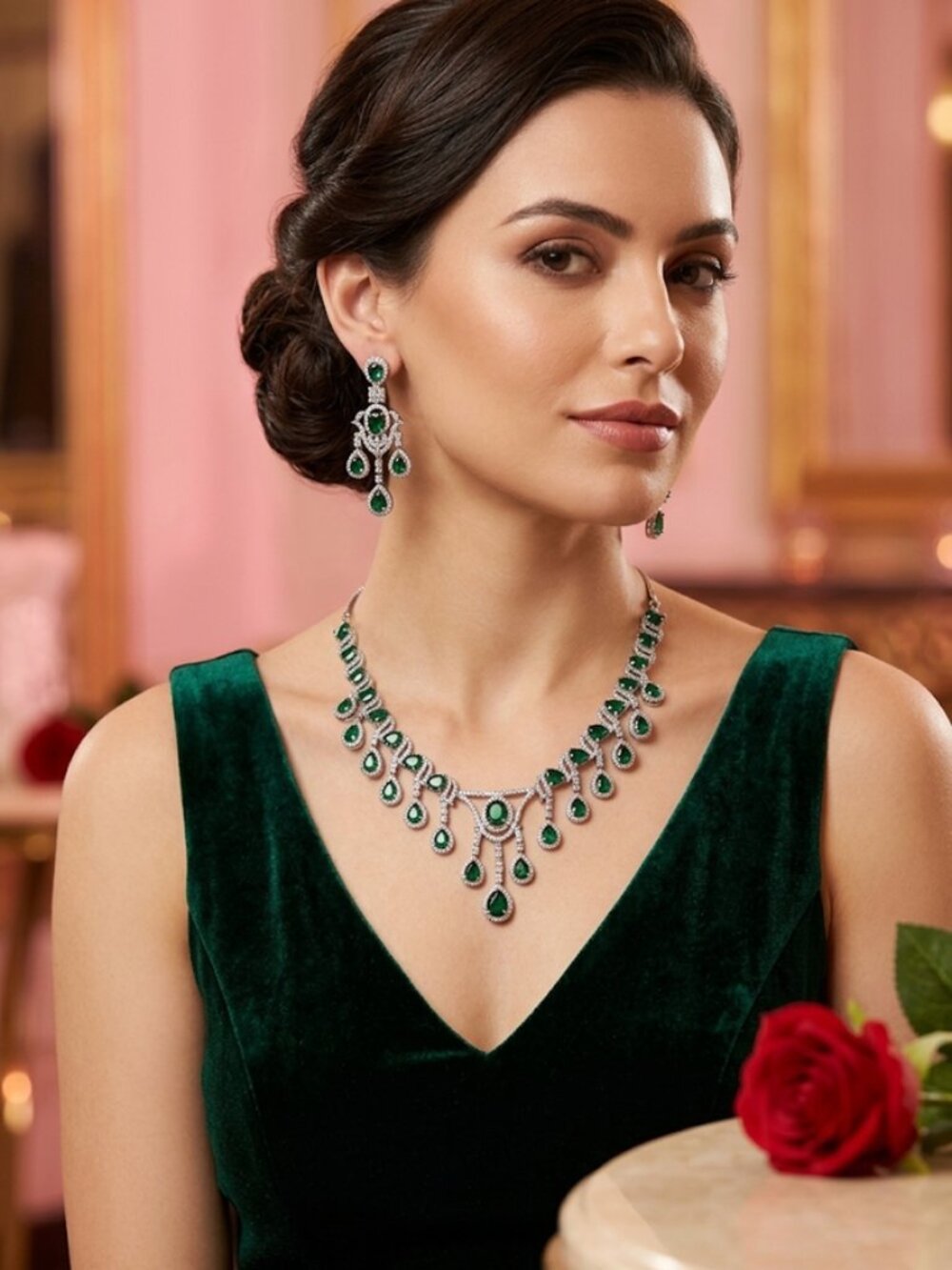 Luxurious Silver-Tone Necklace and Dangle Earring Set with Teardrop Green Faux G